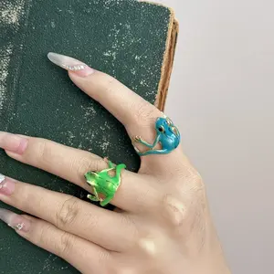 Cute Frog Adjustable Ring - Green or Blue, Hip-hop Style, Buy One Get One Free, Perfect for Women's Daily Wear and Parties, Comfortable Fit, Adorable Design