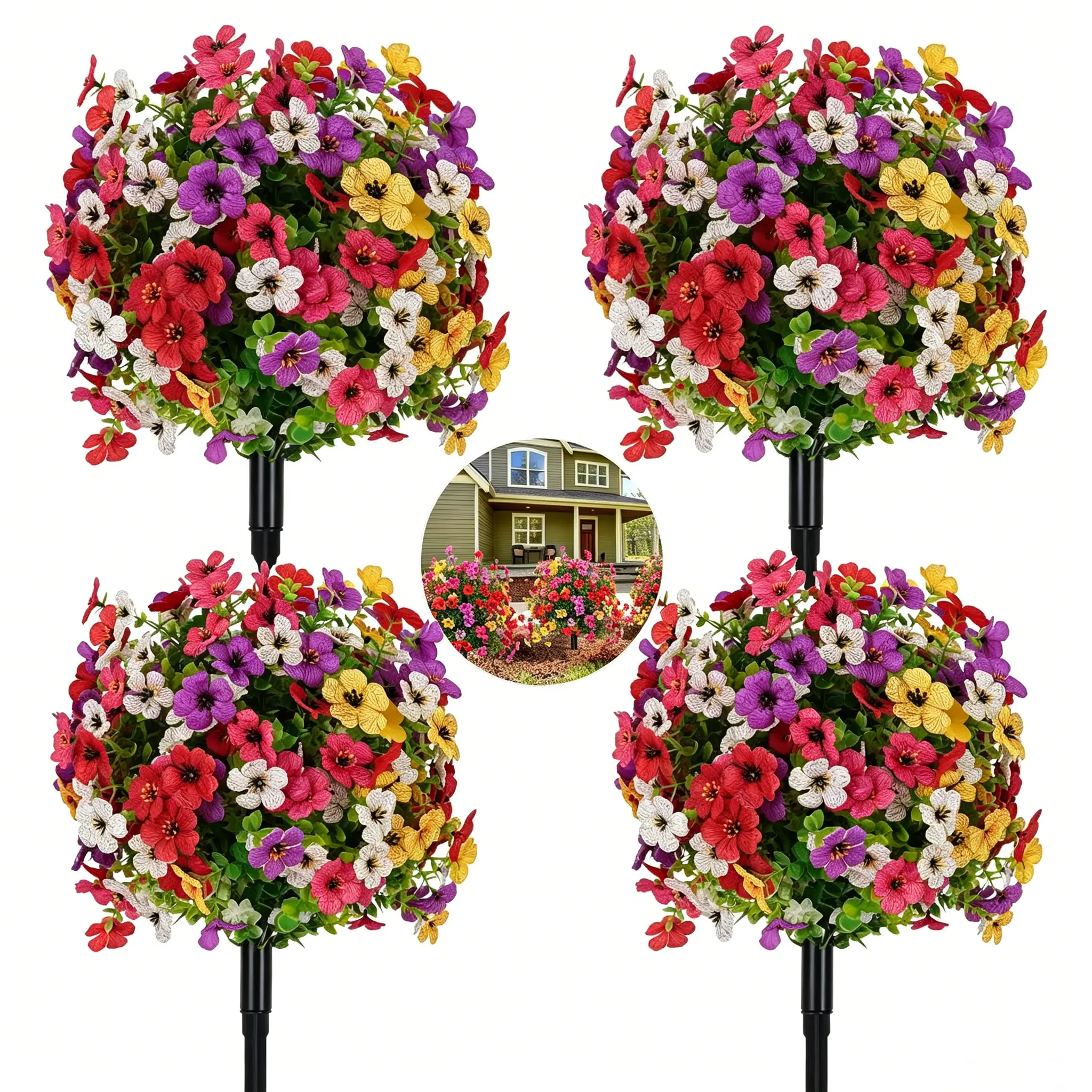 4-Set 13in Synthetic Violet Ball-Shaped Potted Trees with Ground Stakes - UV-Resistant Fake Plastic Flowers, 2pcs Artificial Ground Plants, Realistic Evergreen Decor for Indoor/Outdoor Porch (Vase Not Included)