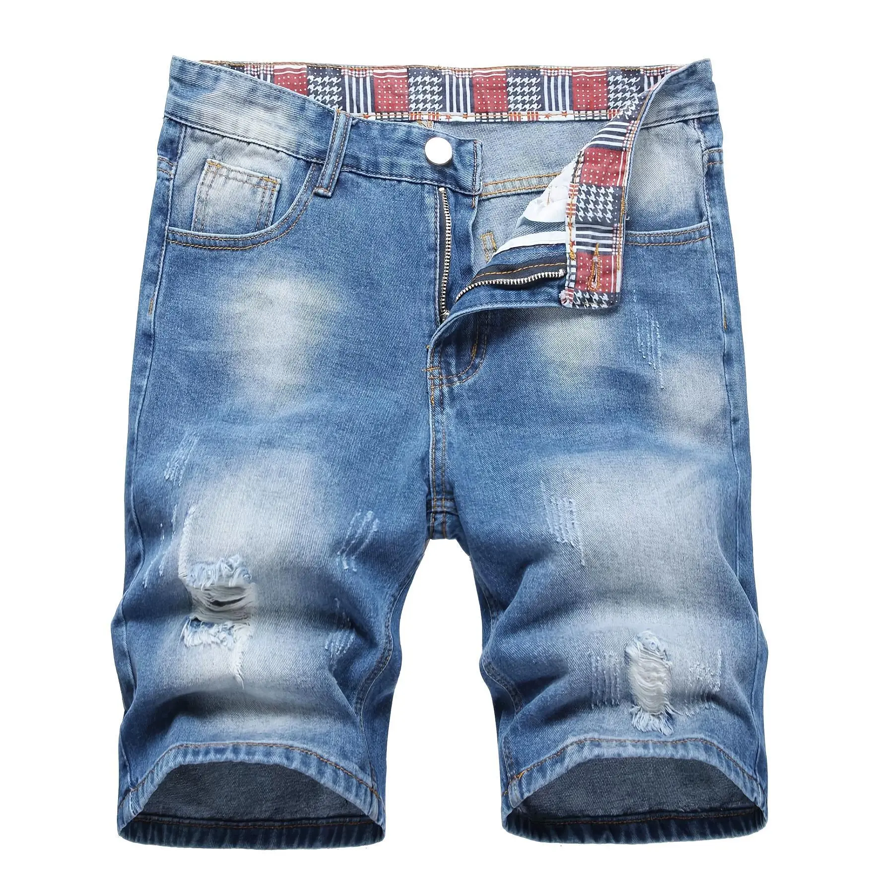 Men's High Cotton Light Blue Distressed Ripped Denim Shorts, Y2K Streetwear Casual Summer Jean Shorts, High Street Fashion