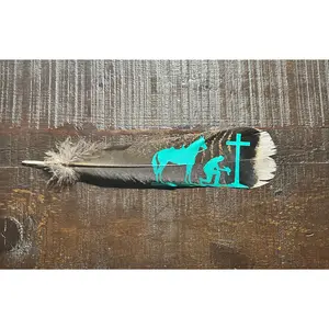 Turquoise Praying Cowboy Custom Feather