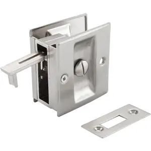 Privacy Pocket Door Lock Hardware with Pull Replace Old Sliding Door Locks Solid Brass Pocket Door Privacy Lock 2-3/4”x2-1/2”, for 1-3/8” Thickness Door, Brushed Nickel - 1 Pack