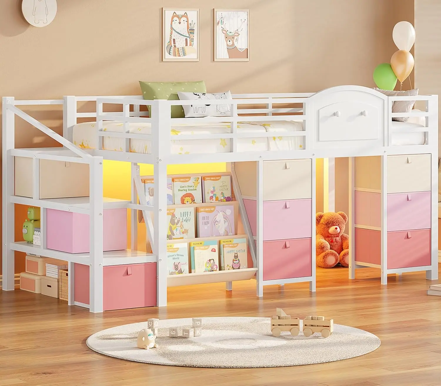 VIAGDO Low Loft Bed Twin Size with 9 Storage Drawers, Bookcase and LED Lights, Metal Kids Loft Bed with Wide Staircase, Open Shelves and Safety Guardrail, Twin Loft Bed with Under-Bed Playhouse, White