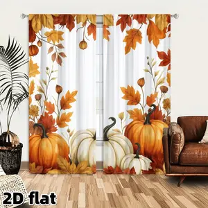 2D Flat Fall Harvest Pumpkin Curtains, Autumn Maple Leaves Window Drapes, Thanksgiving Theme, Semi Sheer Polyester Panels, Rod Pocket Top, Home Decor for Living Room Bedroom Kitchen, Farmhouse Style Treatment, Home Textile, Interior Decoration Accessories