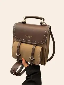 Retro Style Fashionable Backpack Casual Women Urban Simplicity PU Lining Contrast Color Stitching Sandwich Pocket Black Brown Khaki