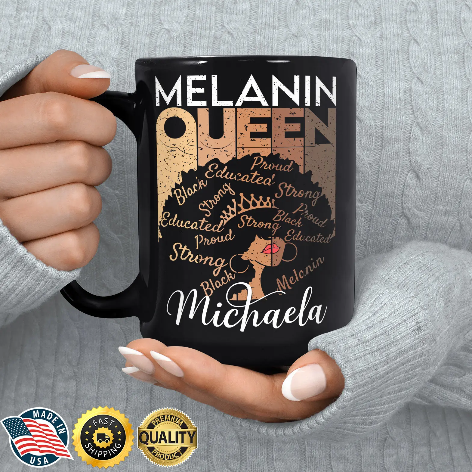 Personalized Melanin Queen Ceramic Coffee Mug - Custom Name Black Woman Drinkware Gear, Afro Girl Magic Birthday Gift Tea Cup, Sturdy