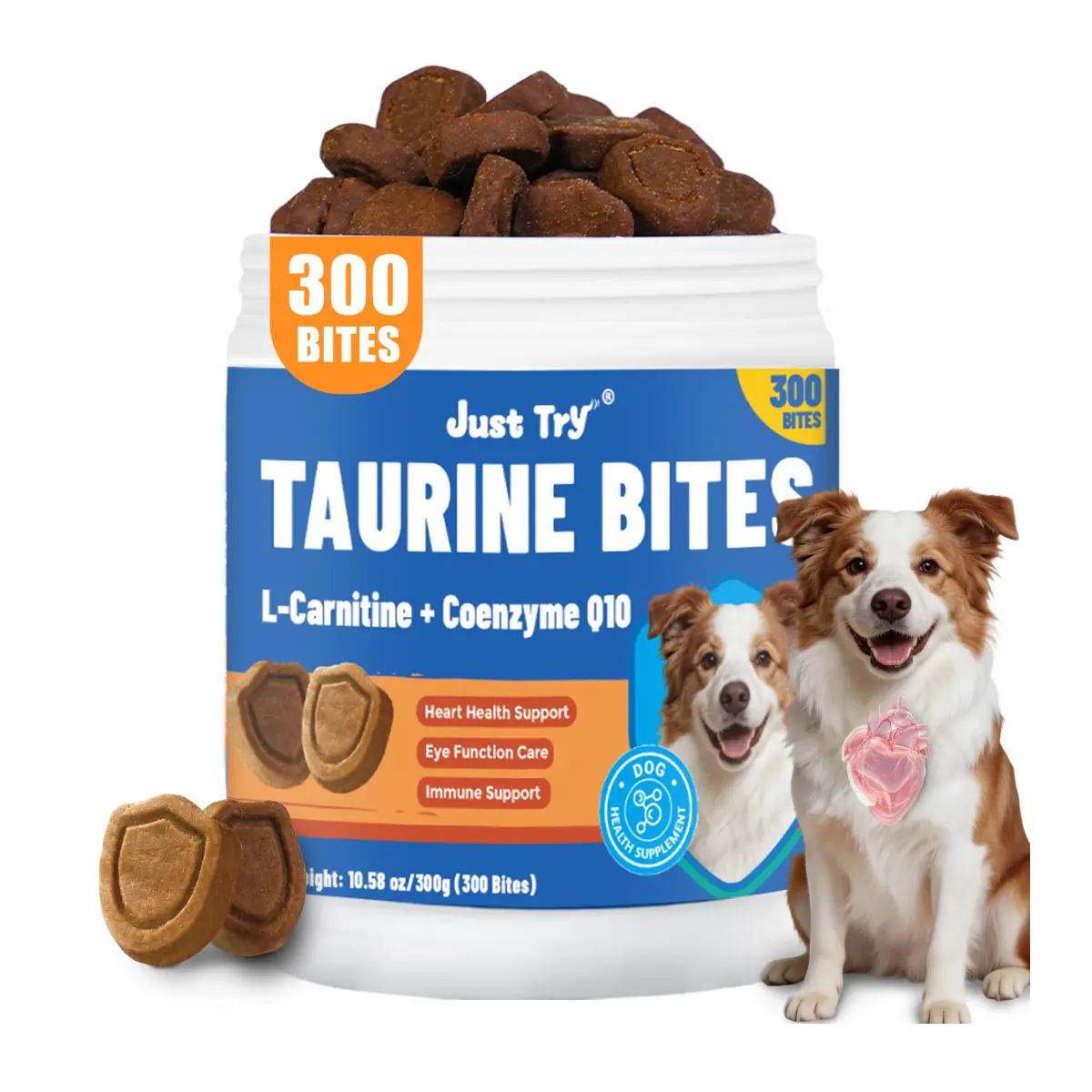 Just Try Taurine & CoQ10 Supplement for Dogs, 10.58 oz | Crunchy Texture,Taurine,Coenzyme Q10,L-Carnitine,Support Heart, Immune & Eye Health,Daily Supplement For Dogs Of All Breeds