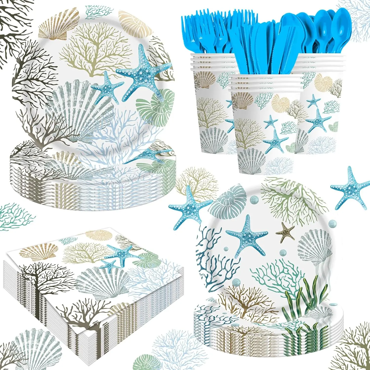 140Pcs Ocean Seashell Coastal Beach Starfish Coral Party Plates Supplies Tableware Decorations Disposable Paper Plates Napkins Forks for Birthday Summer Baby Shower, Serves 20
