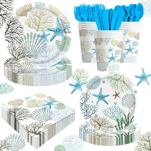 140Pcs Ocean Seashell Coastal Beach Starfish Coral Party Plates Supplies Tableware Decorations Disposable Paper Plates Napkins Forks for Birthday Summer Baby Shower, Serves 20