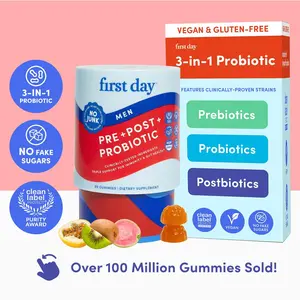 First Day Men's Tribiotic Gummies 18+, Natural Kiwi Passionfruit Flavor — Livaux Prebiotic, Bacillus Coagulans 5B CFU, Immuse Postbiotic — Digestion, Immunity, Bloating Relief, Gut Health — 30-Day Supply, Vegan, Non-GMO, No Junk