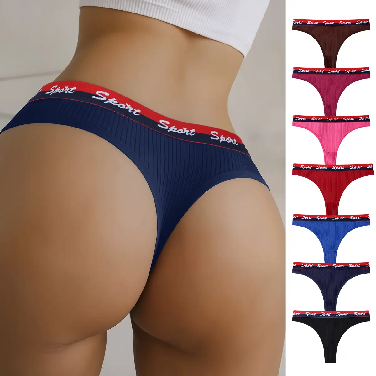 Hotcom Women's Ribbed Letter Tape Low Waist Thong Panties - 4/5/6/7Pcs Comfortable Breathable Soft Underwear for Women, Elegance Womenswear for Everyday All-Season Wear summerwins