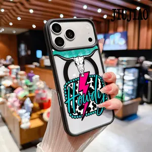 Magnetic Soft Case for iPhone 17 16 Pro Max Plus 15 14 13 12 11 Air Western-style skull bull head Pattern Anti-Yellowing Shockproof ultra-thin Silicone Crystal Transparent Acrylic Cover Supports Wireless Charging