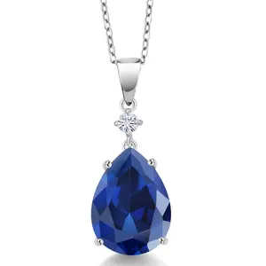 10.30 Cttw Blue Simulated Sapphire and White Moissanite Pendant Necklace For Women In 925 Sterling Silver | Pear Shape 16X12MM | With 18 Inch Chain