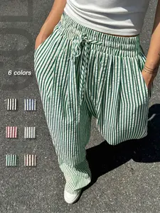 Plus Size Casual Striped Print Straight-Leg Pants, Elegant Fashion Trousers for Daily Outdoor Wear, Women's Plus Clothing for Summer