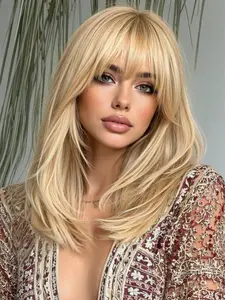 14 Inch Bob Wig with Straight Bangs, Synthetic Fiber Wig for All Seasons, Natural Looking Wig, Perfect for Parties and Festivals
