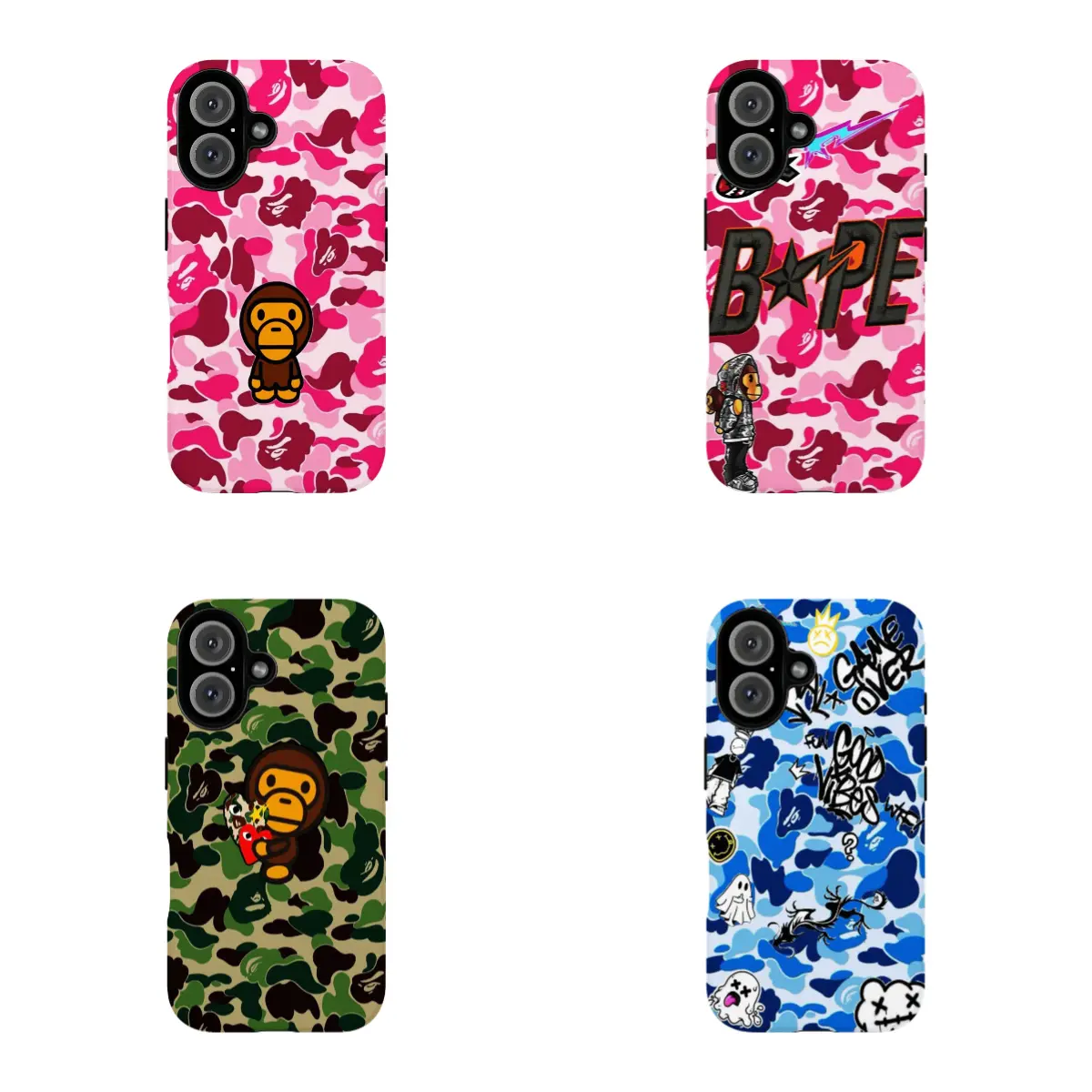 Anime bape Camouflage & Street Monkey Collage Phone Case — 2-in-1 Dual-Pattern Design with Protective Film Layer. Compatible with iPhone 12, 13, 14, 15, 16, 17 Series. Features a Glossy Finish, Drop Protection, and Fade-Resistant Durability.