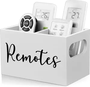 Remote Control Holder, TV Remote Holder, Remote Organizer Caddy for Table, Wooden Remote Box for Nightstand, Bedside Caddy, White