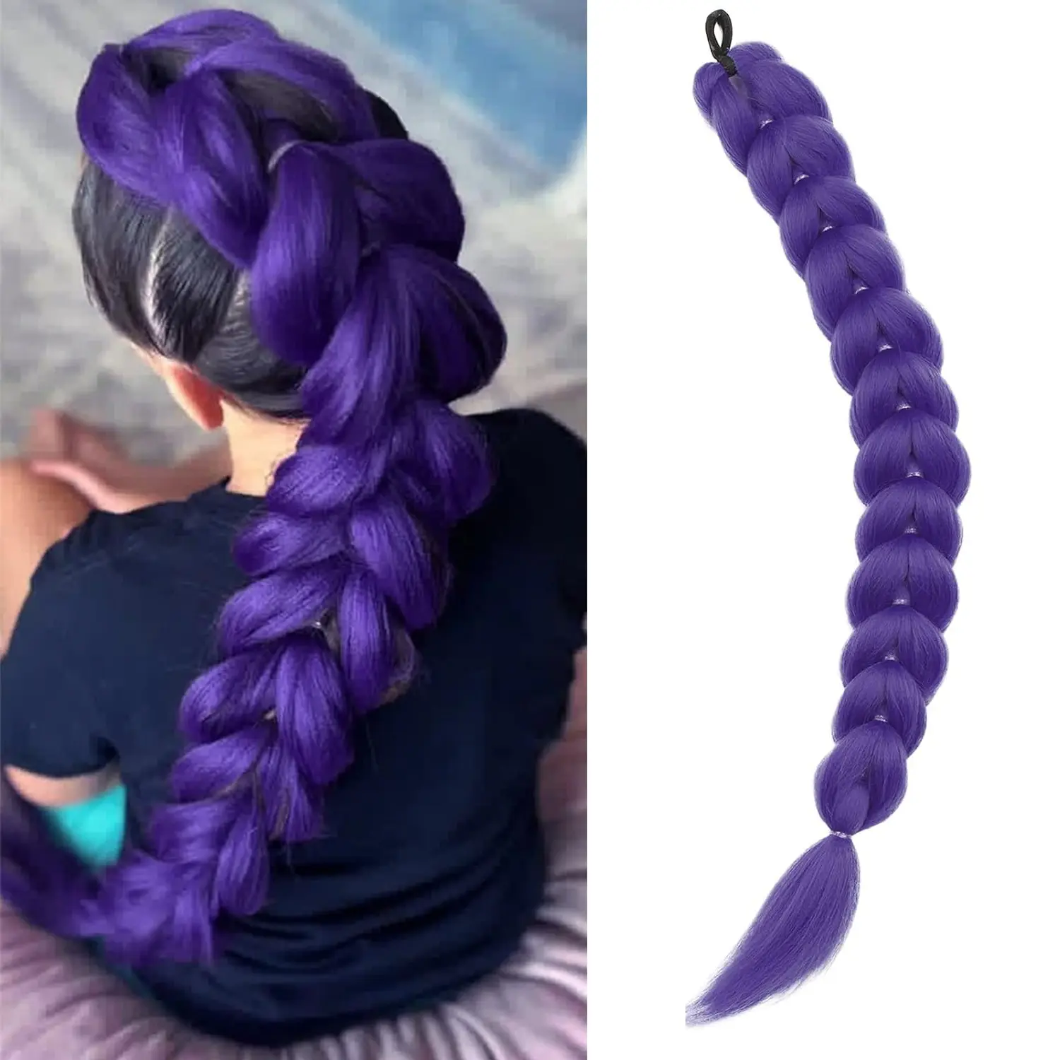 ALICOCO BEAUTY 24Inch Pre-Braided Bubble Ponytail Hair Extension, Dark Purple Synthetic Ponytail Braids with Elastic Band for Women Kids Kpop Festival Cosplay Daily Hairstyle