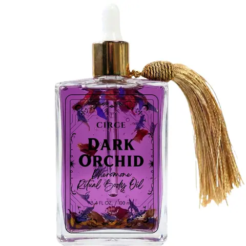 Circe Boutique Dark Orchid Pheromone Body Oil 3.4 oz | Orchid, Jasmine & Amber Dry Oil with AndrosteNOL | Rose Petals, Blue Cornflower & Black Obsidian Crystal-Infused | Fast-Absorbing Non-Greasy Glow Oil for Body, Bath & Ritual