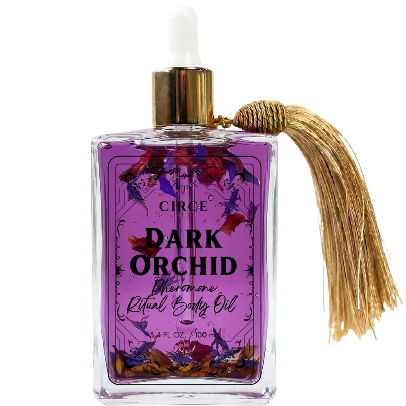 Circe Boutique Dark Orchid Pheromone Body Oil 3.4 oz | Orchid, Jasmine & Amber Dry Oil with AndrosteNOL | Rose Petals, Blue Cornflower & Black Obsidian Crystal-Infused | Fast-Absorbing Non-Greasy Glow Oil for Body, Bath & Ritual