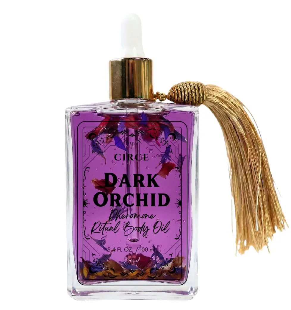 Circe Boutique Dark Orchid Pheromone Body Oil 3.4 oz | Orchid, Jasmine & Amber Dry Oil with AndrosteNOL | Rose Petals, Blue Cornflower & Black Obsidian Crystal-Infused | Fast-Absorbing Non-Greasy Glow Oil for Body, Bath & Ritual