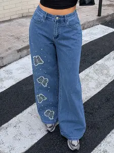 Plus Size Women's Wide Leg Jeans, Elegant Butterfly Embroidery, Pearl Accents, Stretchy High Waist, Casual All-Season Fashion Pants