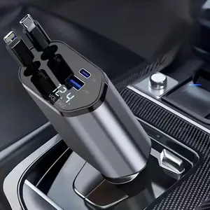 4 In 1 Retractable Car Charger, 66W Car Phone Charger, Voltage Display Car Portable Cell Phone Charger, Portable Charger for iPhone iPad, Phone Accessories, USB Smart Charger