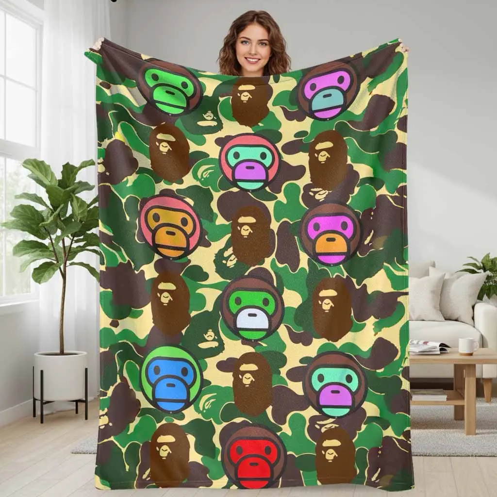Colorful Gorilla Camouflage Flannel Throw Blanket - Animal Design with Vibrant Ape Face Pattern, Ultra Soft Warm, Lightweight Breathable, Wrinkle Resistant, Durable, 50x60in Medium Size, Machine Washable, for Adults, Bedroom Decor, Sofa Lounging, General,
