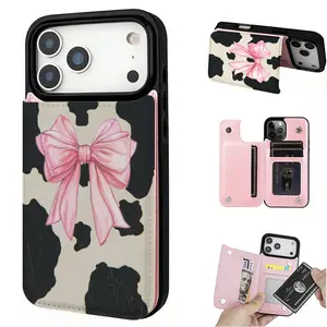 Phone Case: Cow Print Pink Bow Pattern Large Hole Card Holder Wallet Phone Case for iPhone 17 Air/16 15 14 13 12 Promax/Plus, for Galaxy S22 S23 S24 S25 Ultra/plus/+, Can Hold Credit Cards, Foldable 2-in-1 Card Holder Anti-drop Protective Case