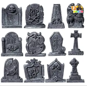 12 Pcs Halloween Miniature Tombstones Graveyard Decorations Outdoor, RIP Headstone with Skull Cross Design for Halloween Cemetery Yard Lawn Outdoor Indoor Decorations (Stone Gray) Set Spooky