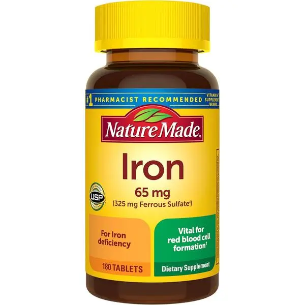 Nature Made Iron Vitamin 65 mg (325 mg Ferrous Sulfate) Tablets, Red Blood Cell Support Dietary Supplement, Supplements for Women, 180-Count, 180-Day Supply