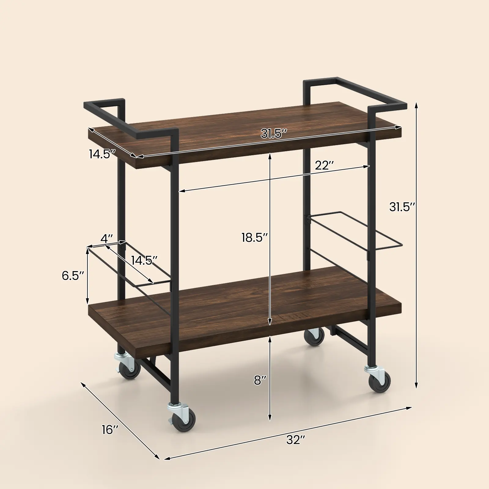 COSTWAY - 2-Tier Home Bar Cart with Lockable Wheels and Heavy-Duty Metal Frame-Rustic Brown