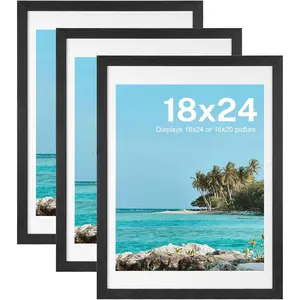 Poster Frames 18 x 24 Made of MDF Wood with Polished Plexiglass, 18x24 Without Mat or 16x20 With Mat, Horizontal Vertical Wall Mounting Black Large Picture Frames 3 Pack