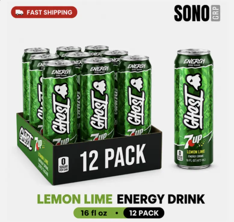GHOST Energy Drink - 12-Pack, 7UP, 16oz Cans - Energy & Focus & No Artificial Colors - 200mg of Natural Caffeine, L-Carnitine & Taurine - Gluten-Free & Vegan