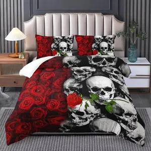 Gothic King Size Bedding Set with Skull & Rose Comforter, Black & Red