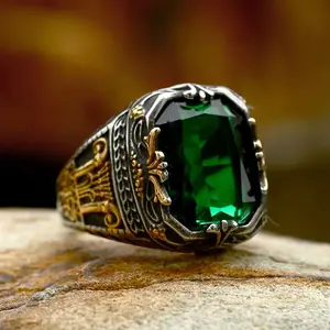 Men's Handmade Emerald Green Topaz Turkish Two Tone Ring