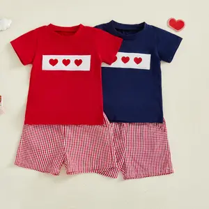 Meihuida Toddler Baby Boy Valentine's Day Outfit Heart Embroidery Smocked Short Sleeve T-Shirt Top Plaid Shorts Set