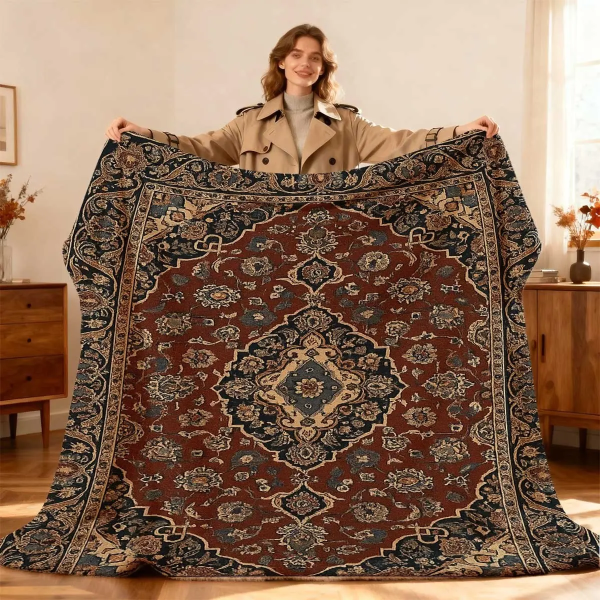 Luxury Persian Carpet Ultrasound Printed Flannel Blanket - Red Central Floral & Geometric Patterns, Soft Warm Throw for Sofa & Camping, Elegant Middle Eastern Decor, Multi-Use Bedspread or Couch Cover