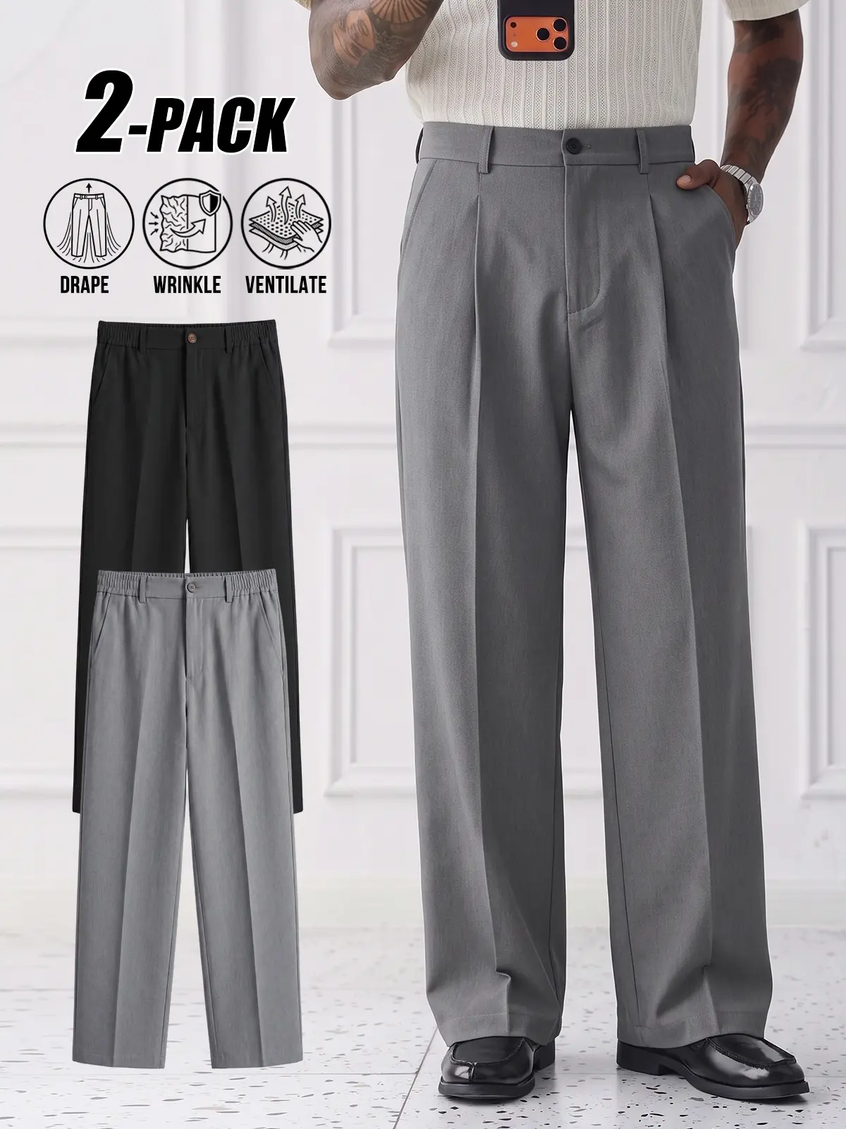 2-PACK Minimalist Solid Wrinkle Resist Pleated Long Slacks, Premium High Drape Anti-Wrinkle Fabric, Two Tone Color Matching, Clean Fit Minimal Urban Business Casual Long Pants Value Set