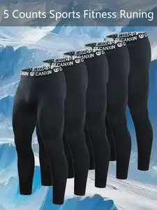 Men's Basketball Compression Pants, 5 Pack Breathable Quick-Dry Leggings, Reflective Print, Outdoor Running Cycling Gym Training