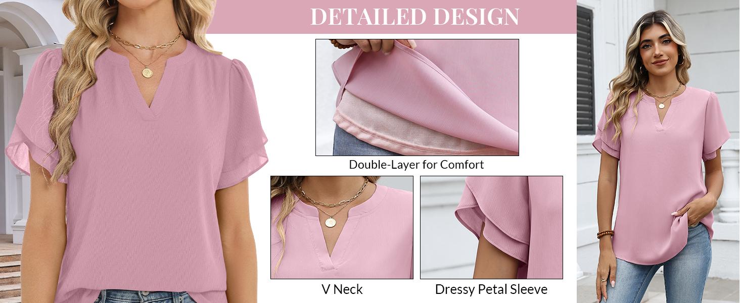 Women's Chic Chiffon Blouse, Feminine Petal Short Sleeve V-Neck Top, Lightweight Double-Layer for Work & Casual Day Wear,back to school,back to school shopping