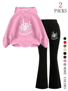 Women's Fall Winter New 2-Piece Set, Warm Hooded Sweatshirt + Slim Comfort Bell Bottom Pants, Skull Hand Print, Kangaroo Pocket