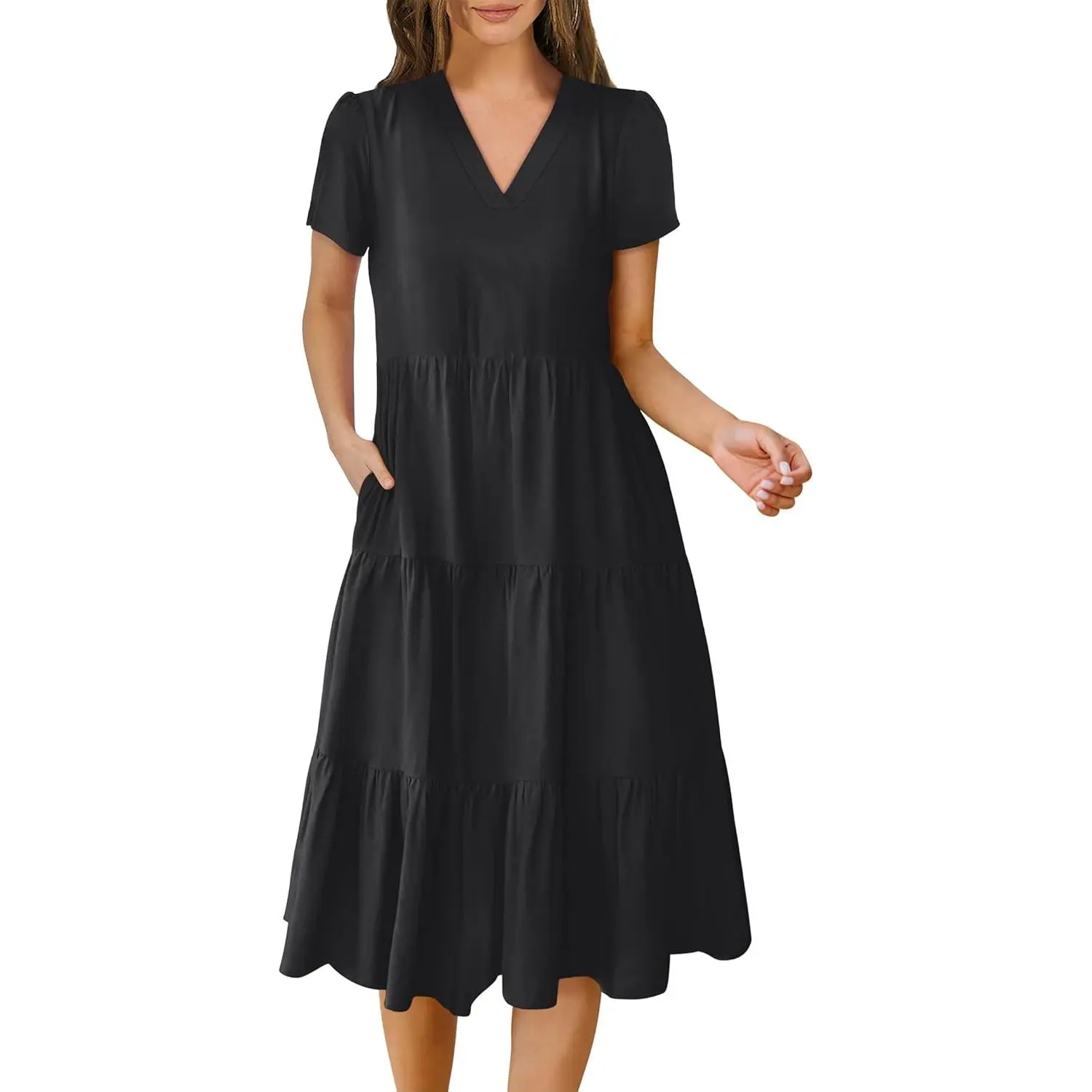 Women's Short-Sleeve V-Neck Mid-Length Flowy Tiered Boho Dress - 2026 Spring Polyester Blend Balanced-Fit Elegant Style Casual Wear, Tiered Casual Dresses for Beach Chic Womenswear - TikTok Shop Women's Short-Sleeve V-Neck Mid-Length Flowy Tiered Boho Dress - 2026 Spring Polyester Blend Balanced-Fit Elegant Style Casual Wear, Tiered Casual Dresses for Beach Chic Womenswear - TikTok Shop