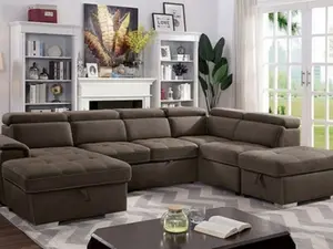 CM6963 4 pc Hugo light brown nubuck fabric sectional sofa set with storage chaise and ottoman