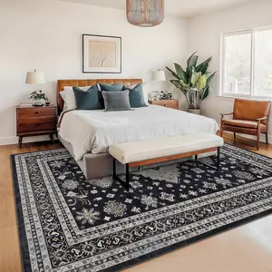 【Christmas Gift】5 x 7 ft Polyester Cashmere Black Rectangular Hallway Bathroom Entryway Kitchen Office Foldable Flower Printed Persian Washable Area Rug