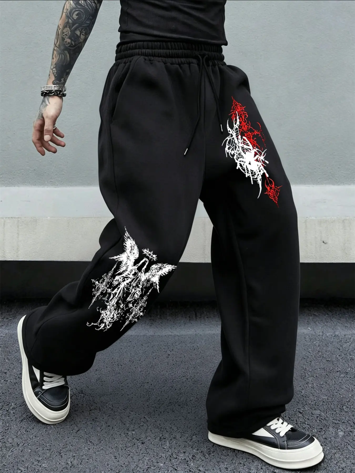 Men's Dark Angel Spider Print Wide Leg Casual Comfy Sweatpants, Drawstring Loose Fit Sports Pants, Street Fashion Long Trousers
