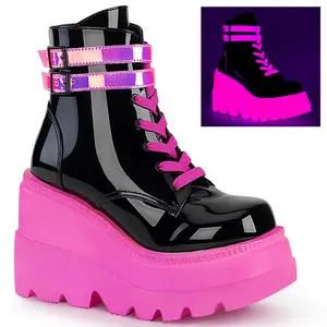 Demonia Shaker-52 Black Patent-UV Neon Pink Ankle Boots