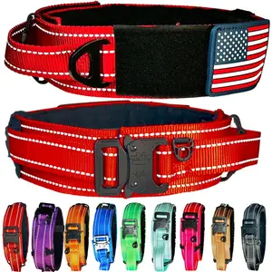 DEZIZEUSK9 Dog Collar with Control Handle Quick Release Metal Buckle Heavy Duty Military Style 2" Width Nylon with USA Flag for Handling and Training Large Canine Male Or Female K9