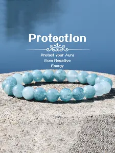 Natural Stone Aquamarine Elastic Bracelet, Good Luck Meditation Jewelry Gift for Couples & Friends, Holiday Birthday Present, Beaded Bracelets