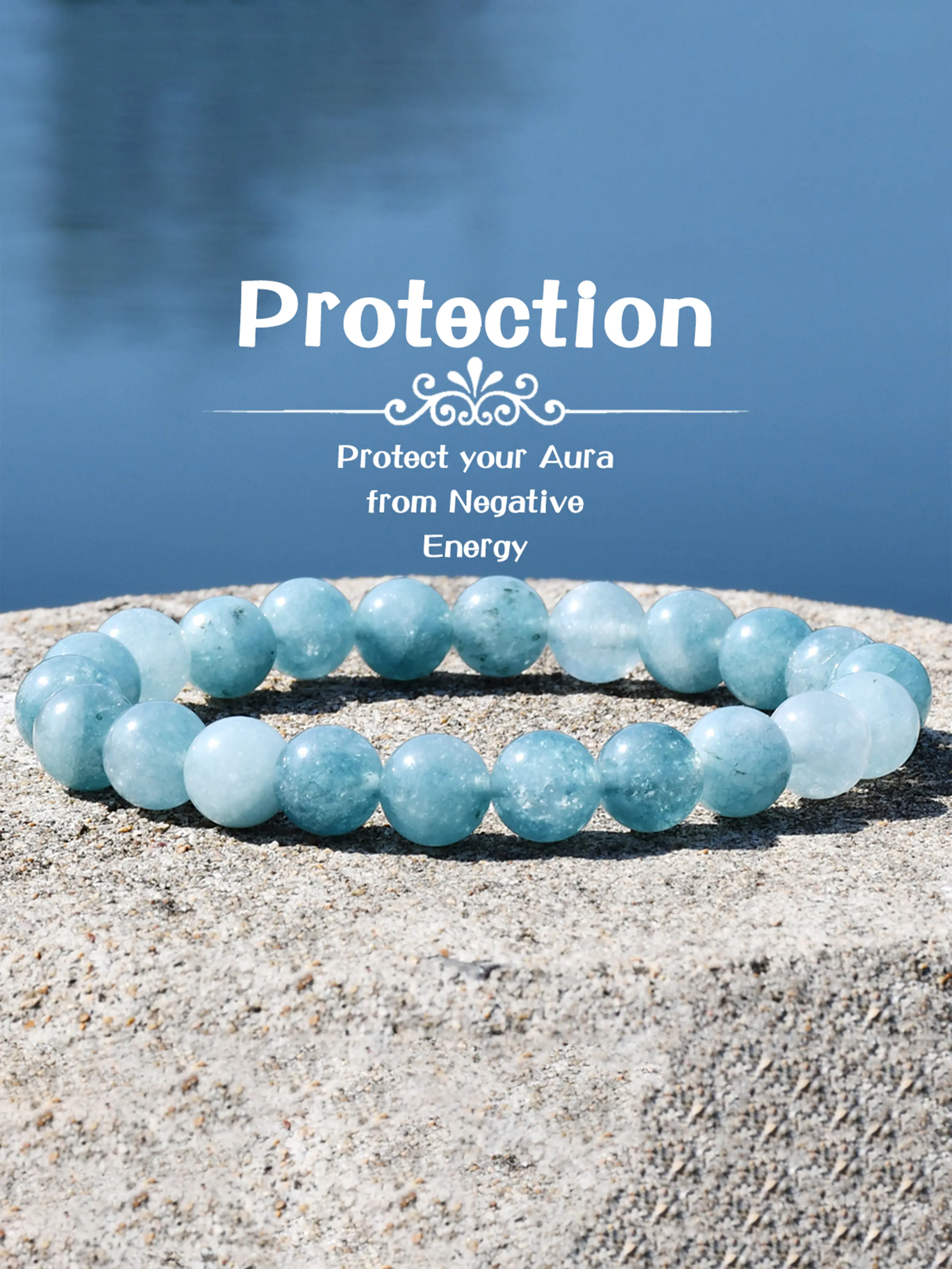 Natural Stone Aquamarine Elastic Bracelet, High Quality Bracelet, Good Luck Meditation Jewelry Gift for Couples & Friends, Holiday Birthday Present, Beaded Bracelets