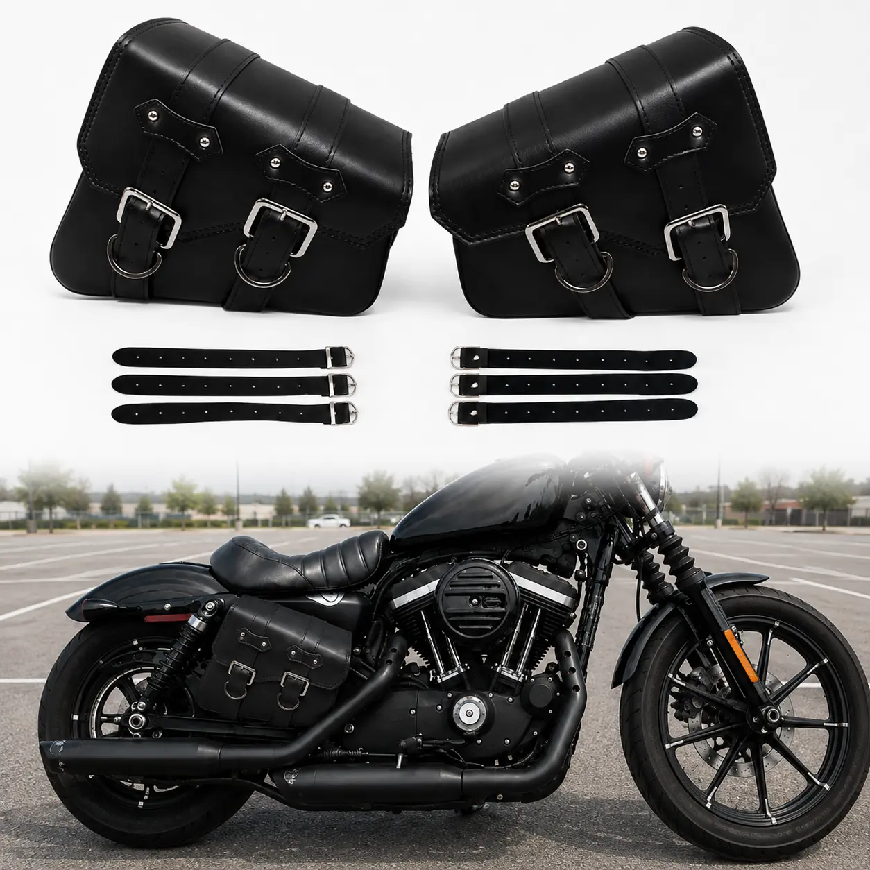 PU Leather Motorcycle Swingarm Saddlebag Pair Side Tool Storage Bags for Harley-Davidson Sportster XL883 XL1200, 6L Compact Storage with Adjustable 3-Strap Frame Mount, No Bracket Required for Bobber Chopper Cafe Racer Scrambler Cruiser Custom Motorcycles
